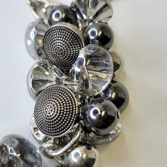 Statement Necklace Silver Tone Crystal Buttons Beads Charms Clusters Necklace - Picture 9 of 11